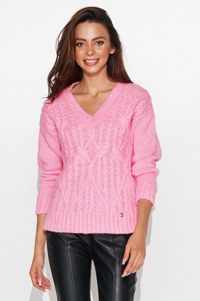 NUMINOU SWETER DAMSKI W SEREK Z WARKOCZAMI BABY PINK NU_S88