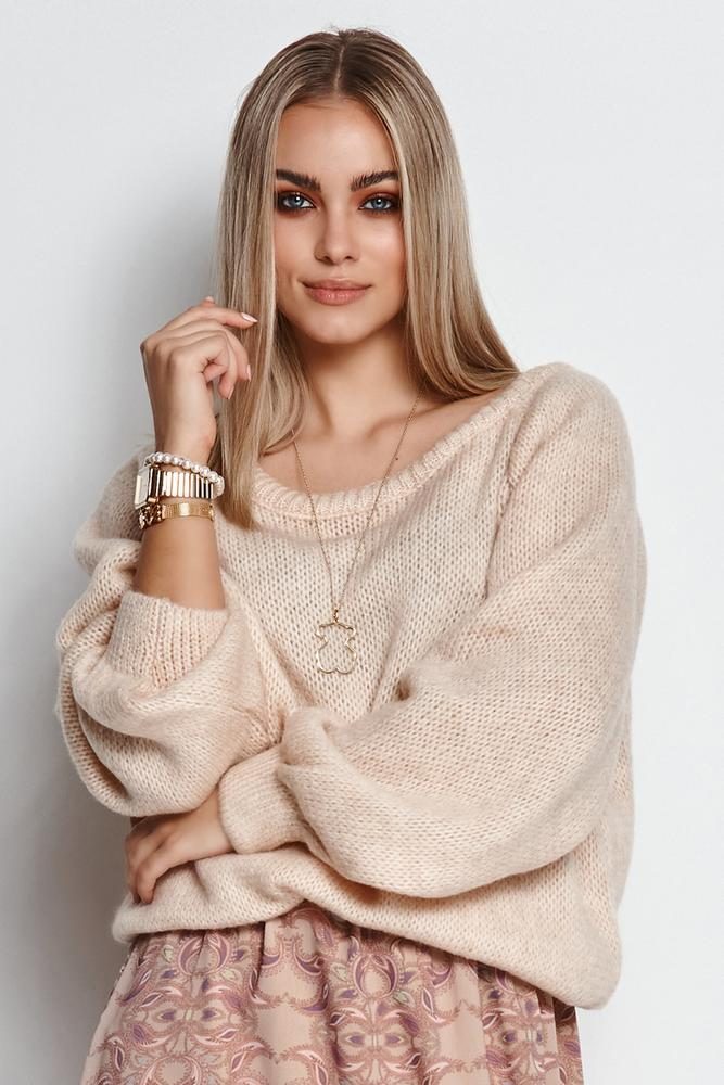 MAKADAMIA SWETER DAMSKI WKŁADANY PRZEZ GŁOWĘ ZE ŚCIĄGACZEM BABY PINK S114
