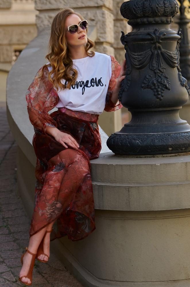 MAKADAMIA LIMITED SPÓDNICA TIULOWA MAXI KWIATOWY PRINT BORDOWY L19