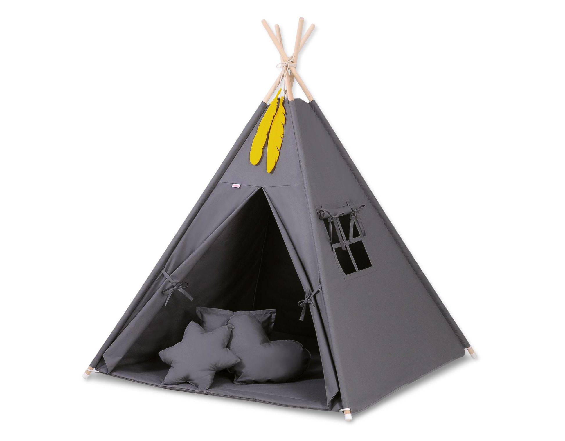 Namiot TIPI dla dzieci + mata + poduszki + zawieszki pióra - Chevron szary