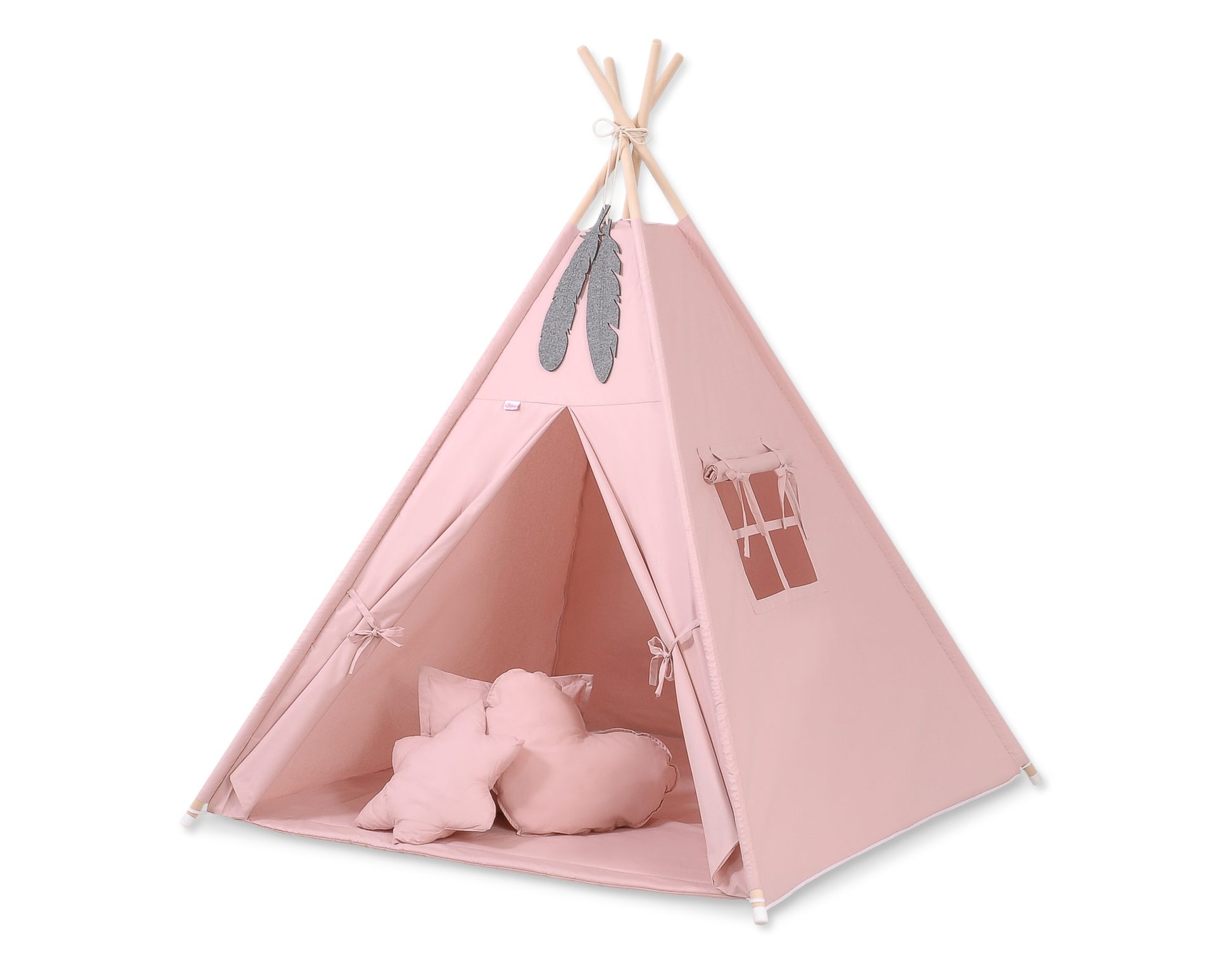 Namiot TIPI dla dzieci + mata + poduszki + zawieszki pióra - Chevron szary