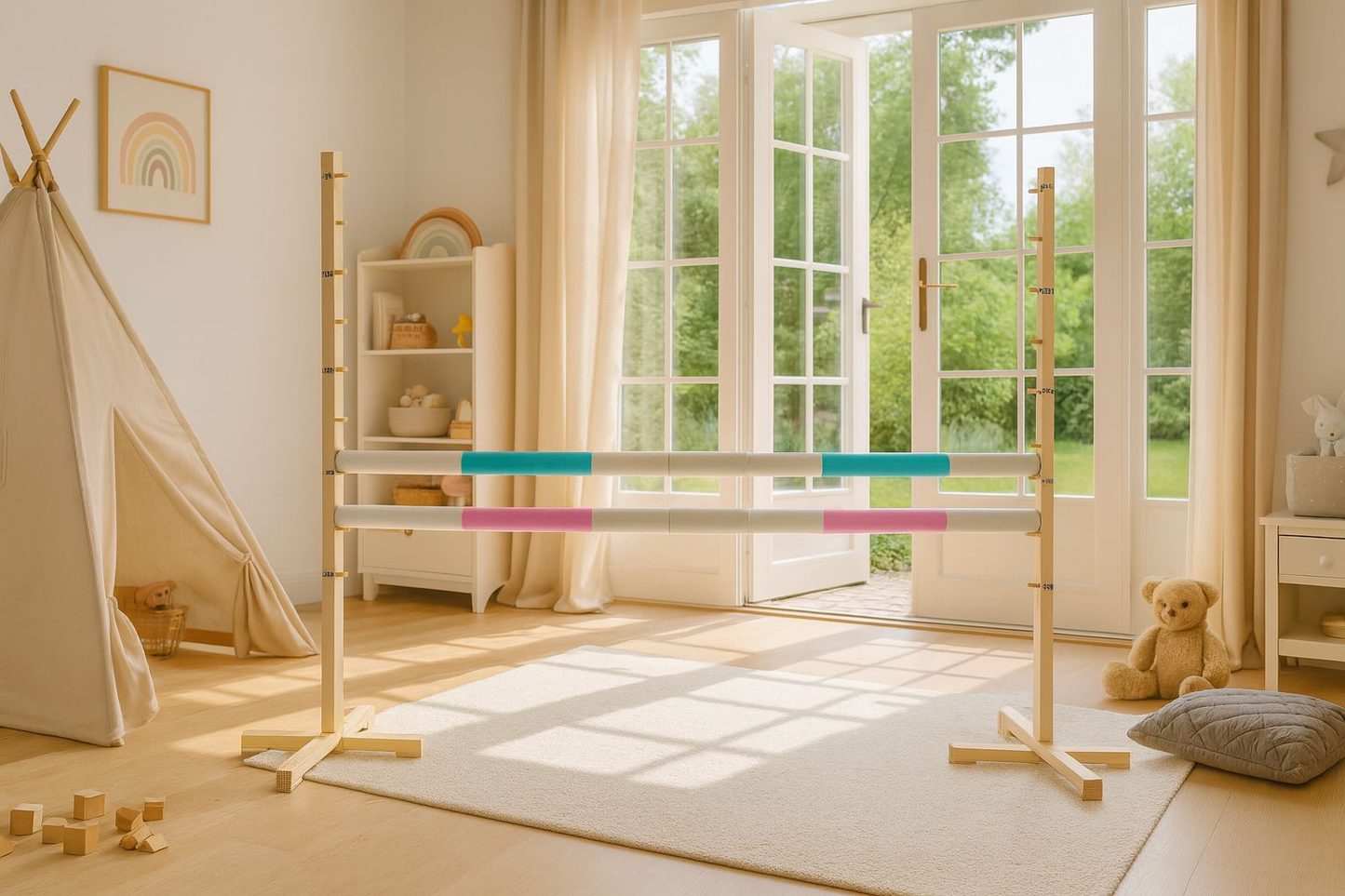 Przeszkoda skokowa do Hobby Horse 160cm, h-120 cm, dwie belki - miętowa i jasny róż