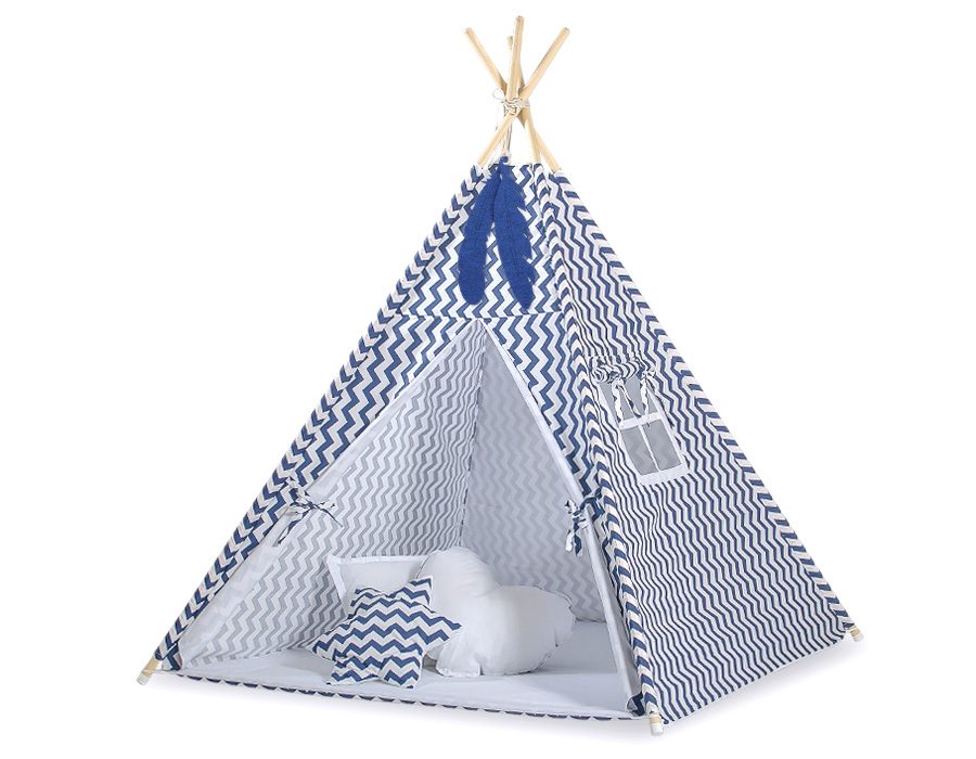 Namiot Tipi dla dzieci + zawieszki pióra - Białe grochy na turkusie