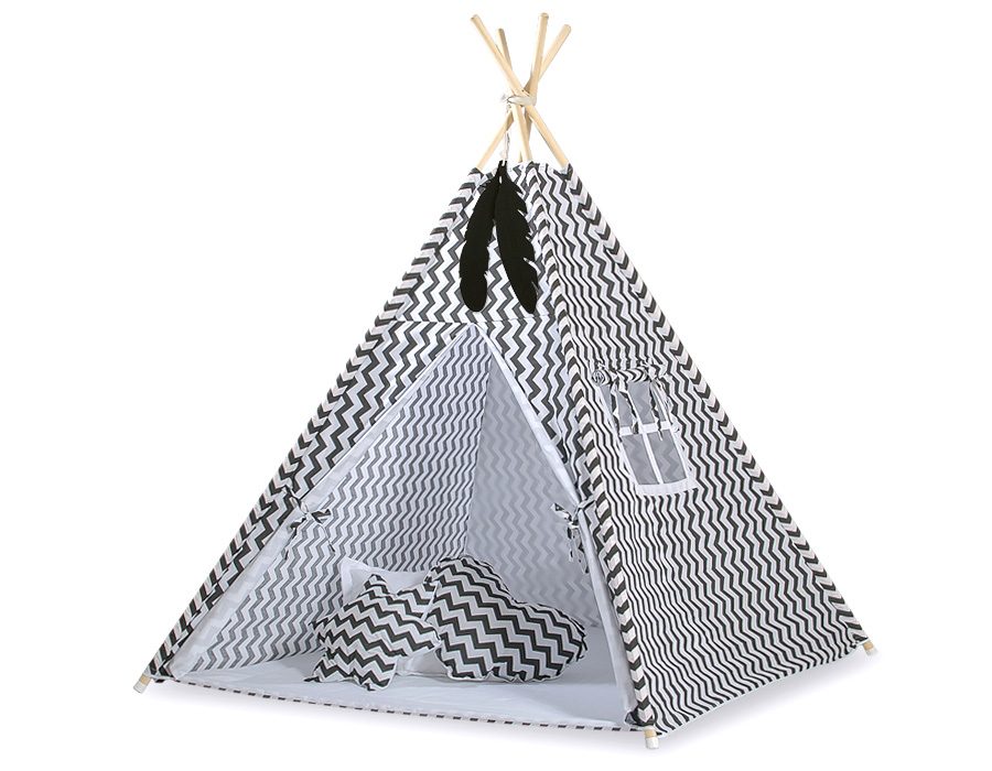 Namiot Tipi dla dzieci + zawieszki pióra - Białe grochy na turkusie