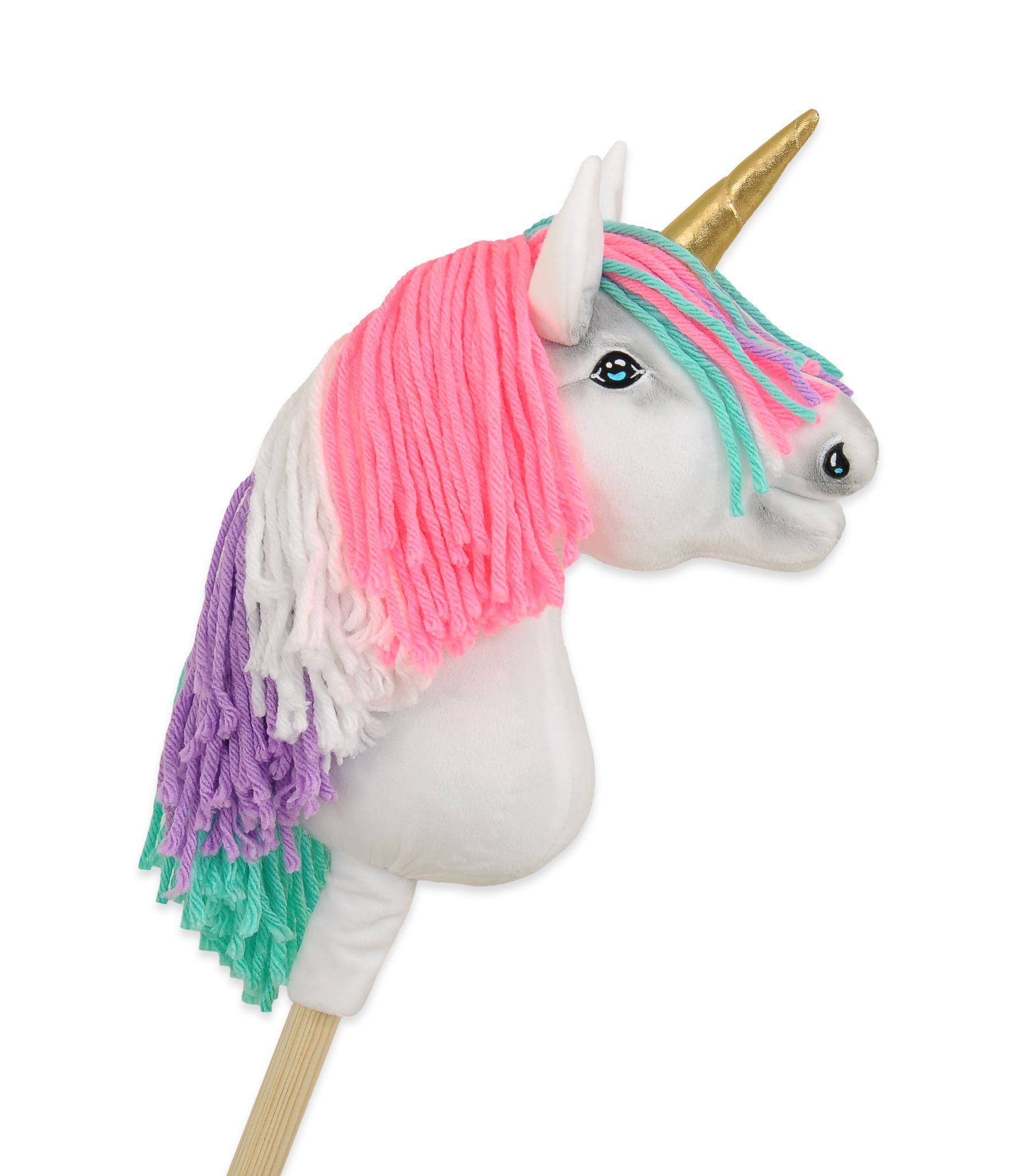 Hobby Horse Jednorożec na kiju różowy z różową grzywą i złotym rogiem A4