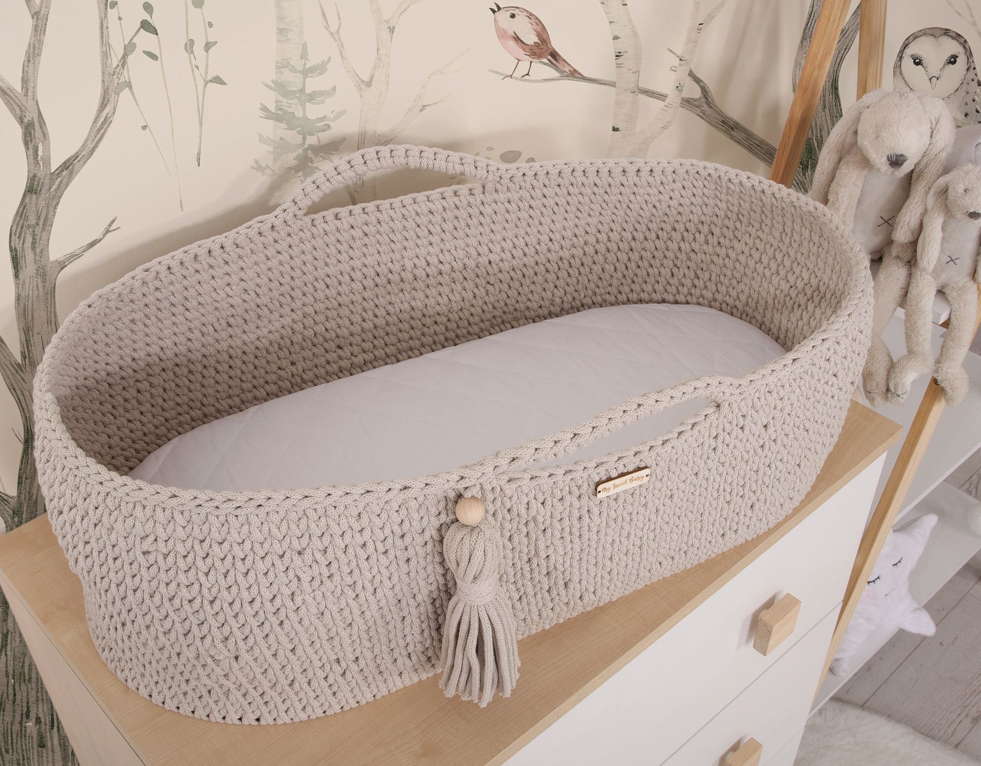 Kosz Mojżesza BOHO bawełniany Handmade z materacykiem - jasny beżowy
