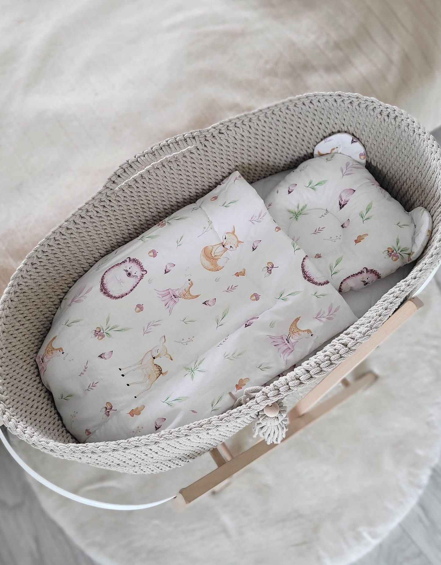 Kosz Mojżesza BOHO bawełniany Handmade z materacykiem - jasny beżowy