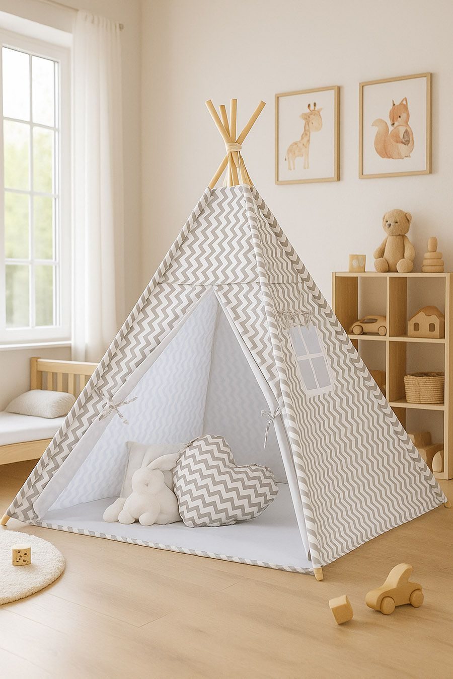 Namiot TIPI dla dzieci + mata + poduszki + zawieszki pióra - Chevron szary