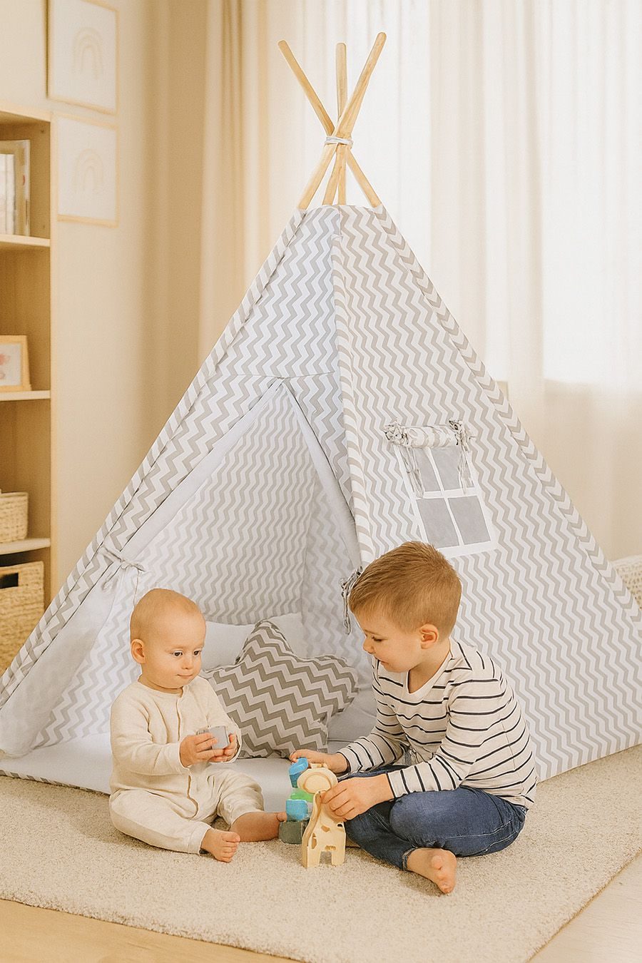 Namiot TIPI dla dzieci + mata + poduszki + zawieszki pióra - Chevron szary