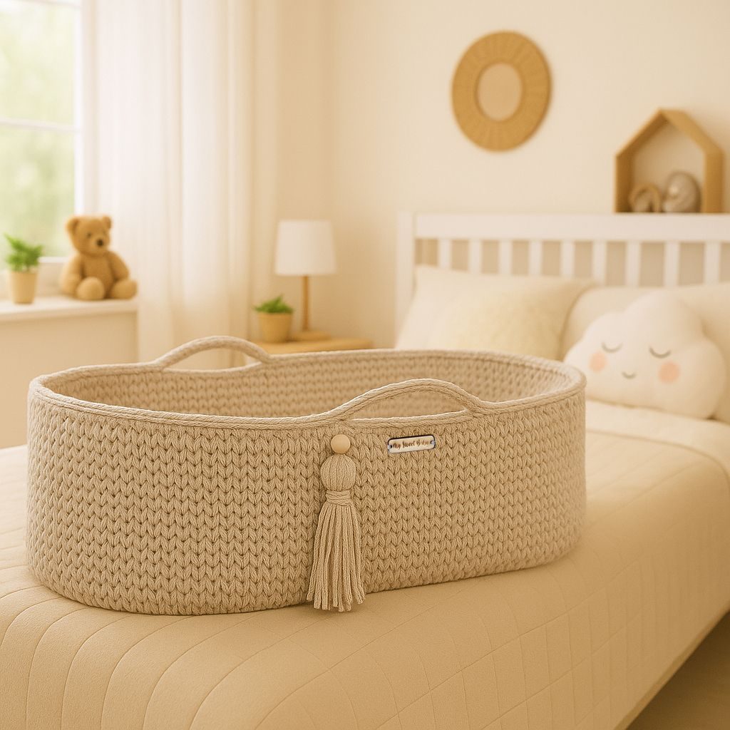 Kosz Mojżesza BOHO bawełniany Handmade z materacykiem - jasny beżowy