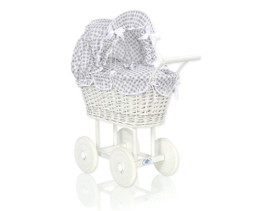 Wiklinowy wózek dla lalek wysoki z różową pościelką i wyściółką- biały