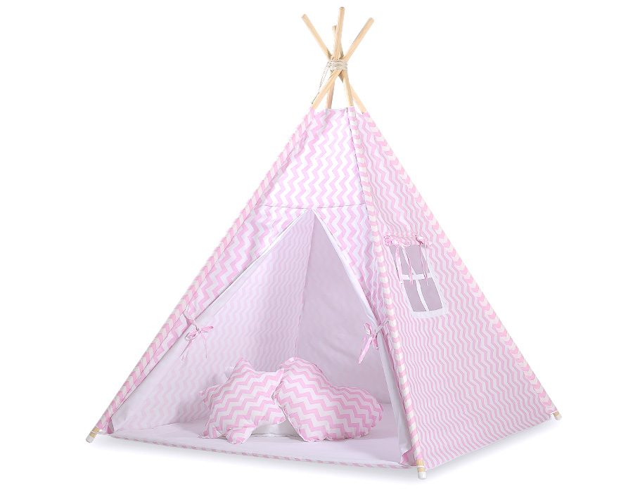 Namiot TIPI dla dzieci +mata + zawieszki pióra - Chevron różowy