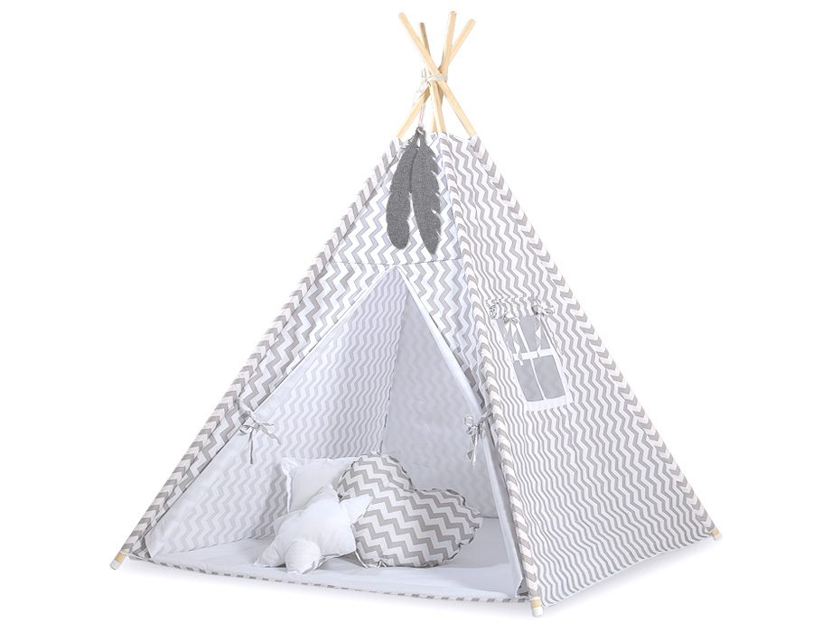 Namiot Tipi dla dzieci + zawieszki pióra - Białe grochy na turkusie
