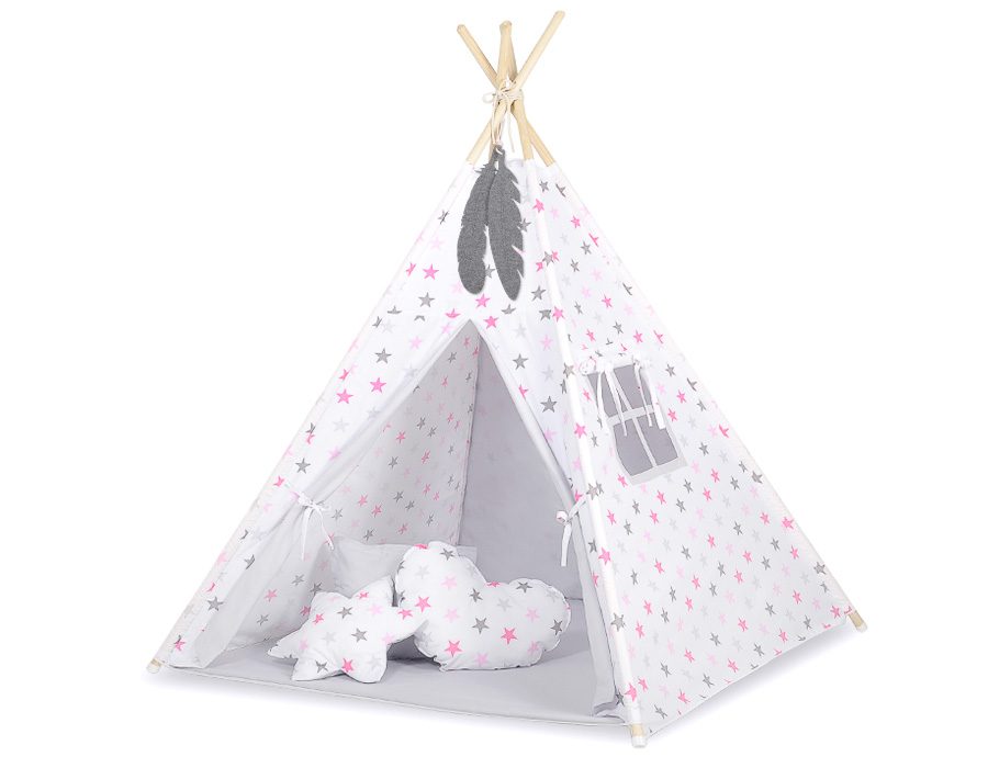 Namiot TIPI dla dzieci +mata + zawieszki pióra - Chevron różowy
