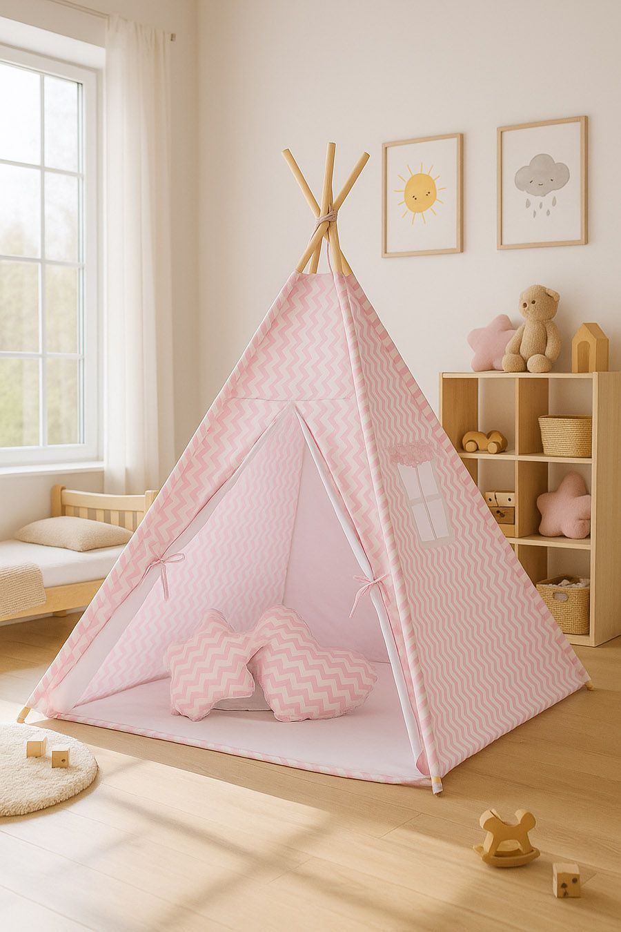 Namiot TIPI dla dzieci +mata + zawieszki pióra - Chevron różowy