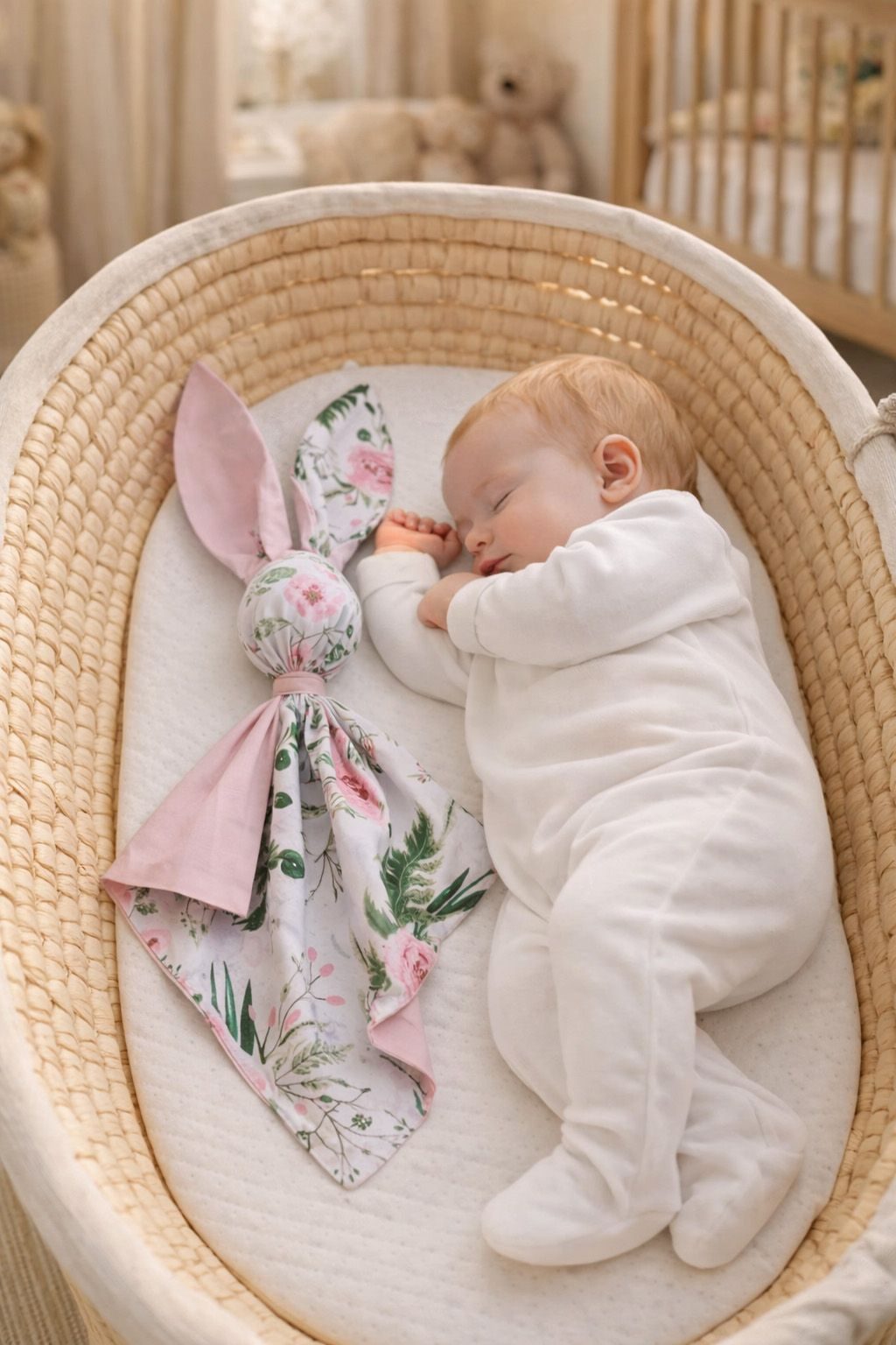 Miękka przytulanka DOUDOU kocyk króliczek z bawełny - Peonie różowe - róż
