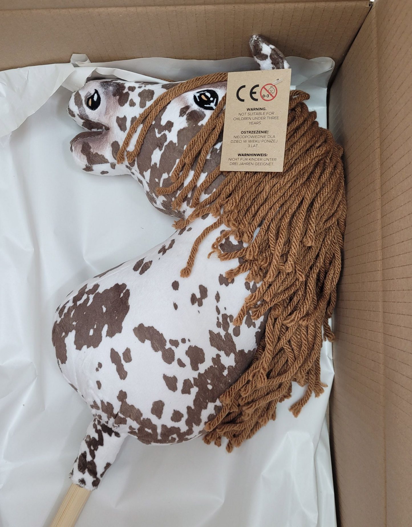 Hobby Horse Duży koń na kiju Premium - tarantowaty biało-brązowy z brązową grzywą A3
