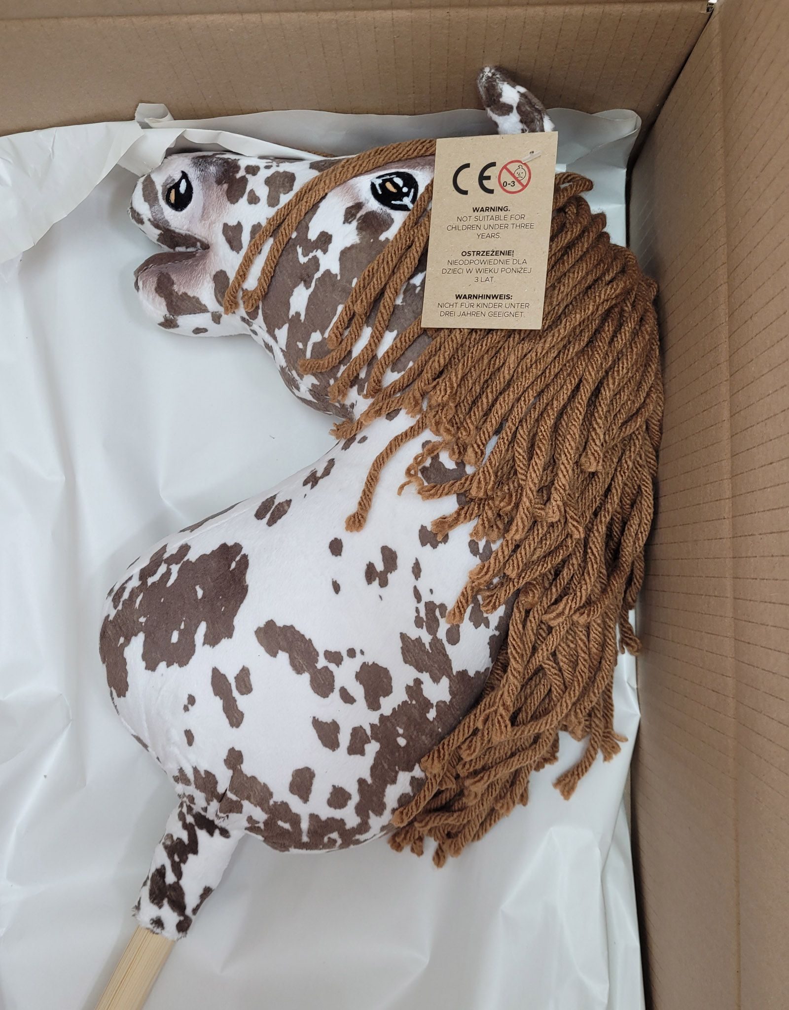 Hobby Horse Duży koń na kiju Premium - tarantowaty biało-brązowy z brązową grzywą A3