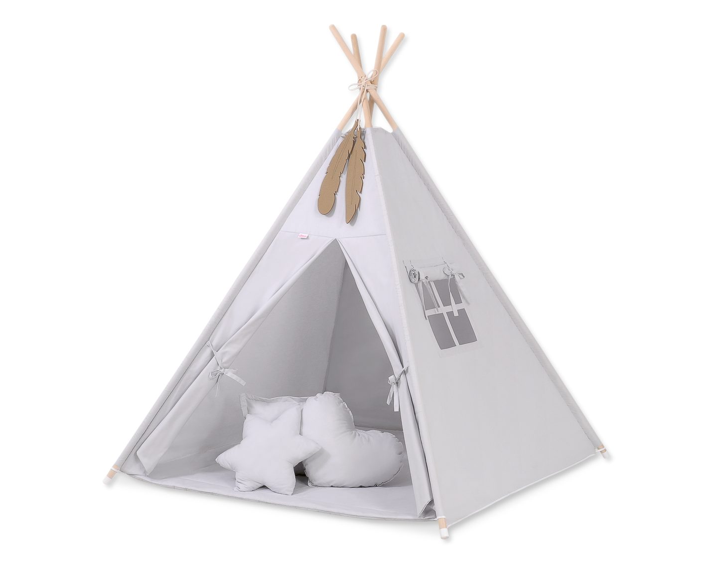 Namiot TIPI dla dzieci + mata + poduszki + zawieszki pióra - Chevron szary