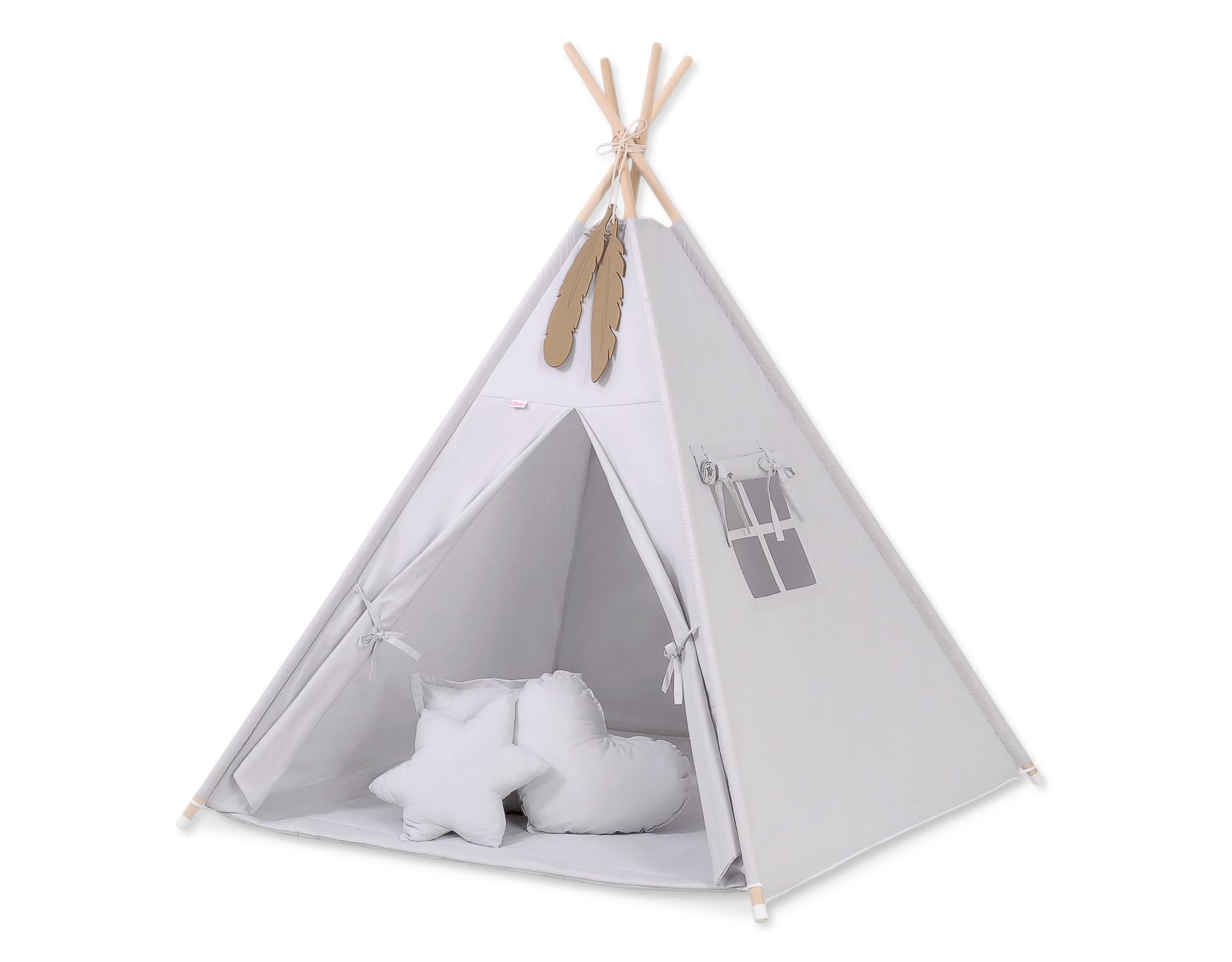 Namiot TIPI dla dzieci + mata + poduszki + zawieszki pióra - Chevron szary