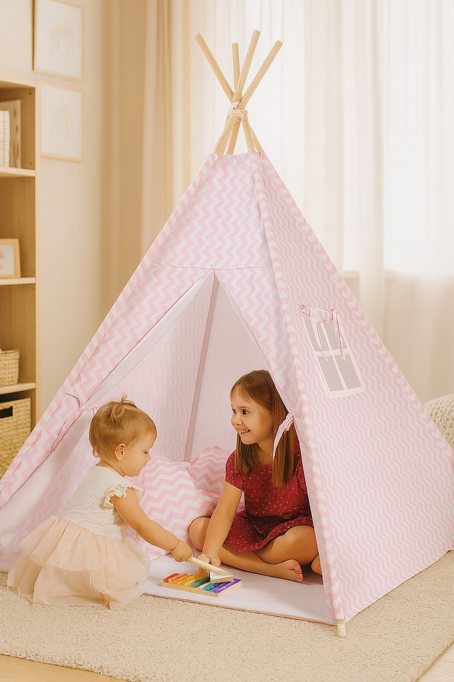 Namiot TIPI dla dzieci +mata + zawieszki pióra - Chevron różowy