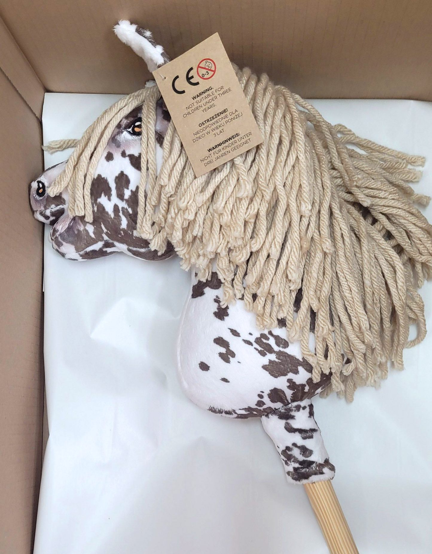 Hobby Horse Mały koń na kiju Premium tarantowaty biało-brązowy z beżową grzywą A4