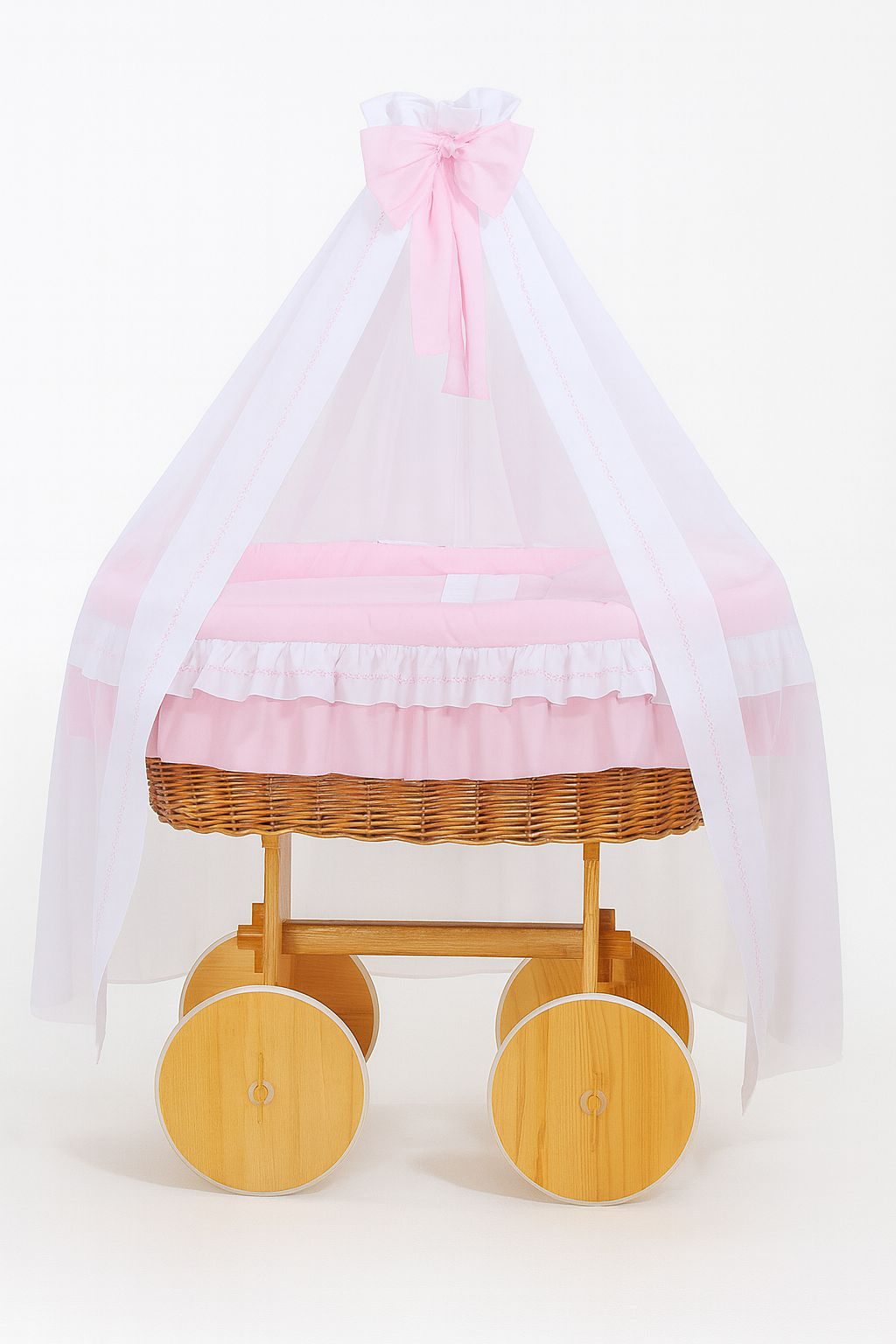 Wiklinowy kosz Mojżesza z baldachimem Deluxe Amelia - naturalny + różowa pościel