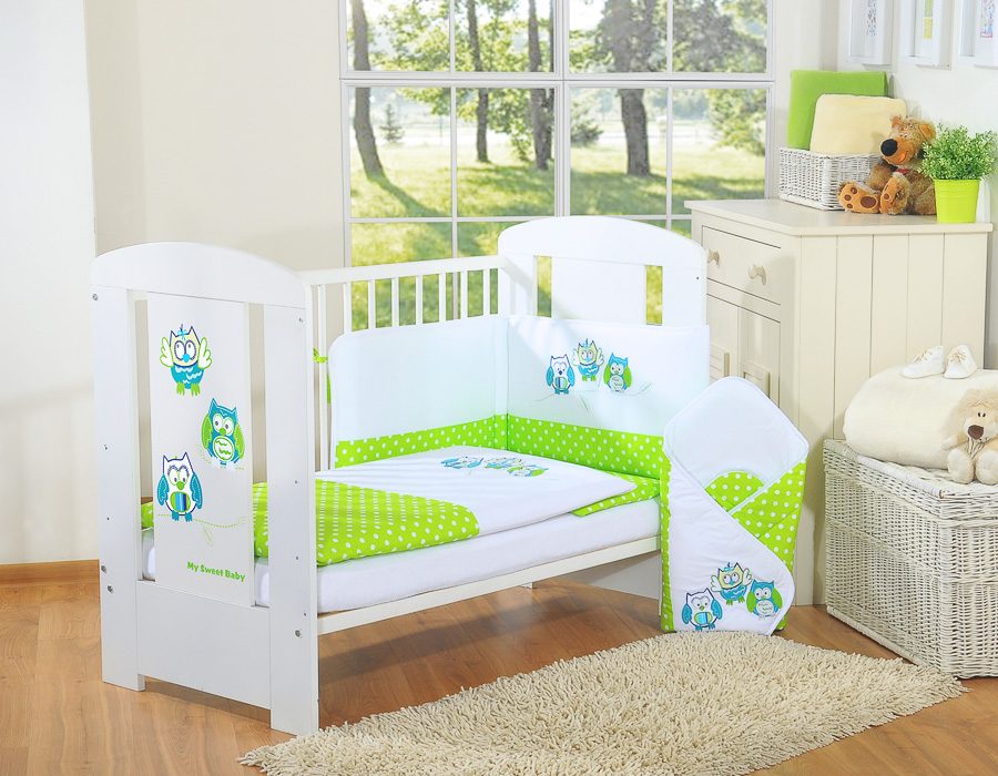 Komplet pościeli dla dzieci 135x100cm z ochraniaczem 3-cz Sówki szare z haftem szaro-różowym